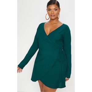 PrettyLittleThing Emerald Green Wrap Long Sleeve Tea Dress
